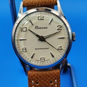 Vintage 1957 Bercona Swiss Made 32mm Mens Mechanical Watch New Strap Restored